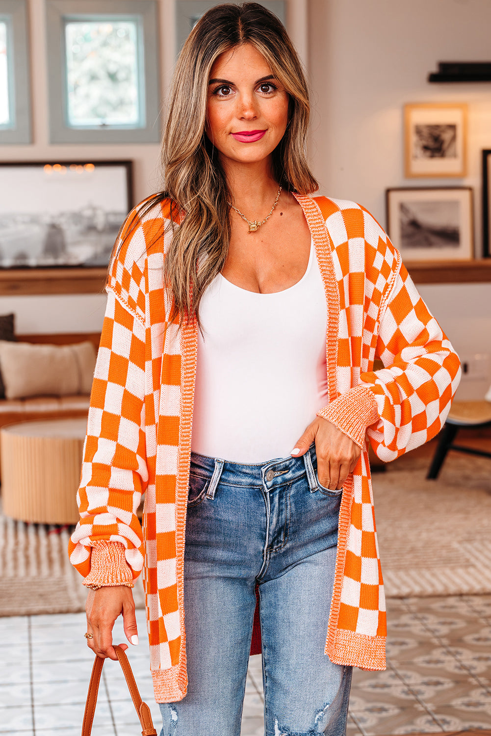 Wrenley Checkered Open Front Drop Shoulder Cardigan