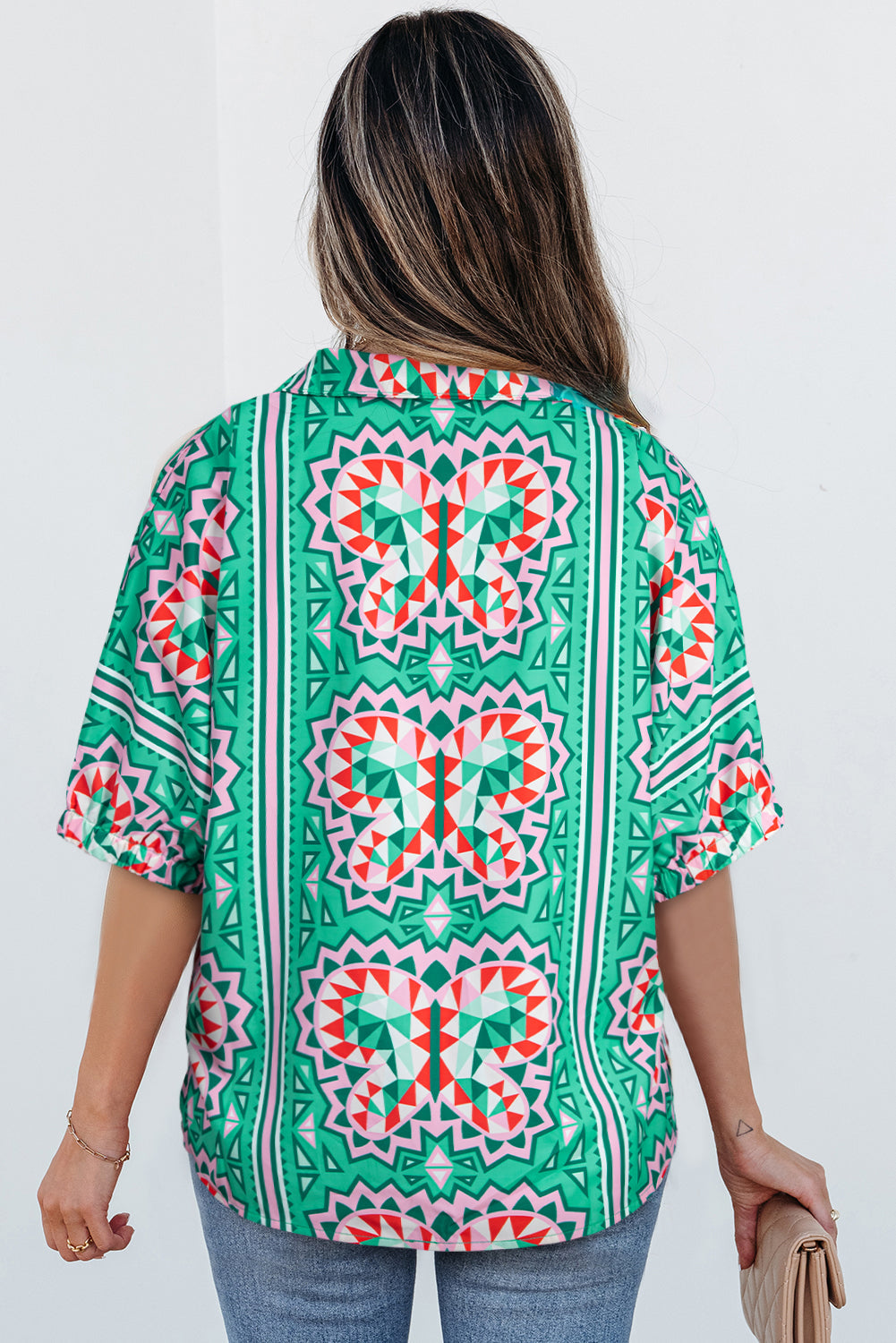 Kamiyah Boho Abstract Striped Collared V Neck Blouse