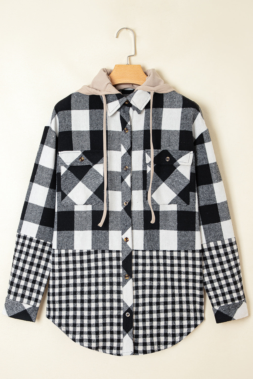 Cecelia Patchwork Drawstring Hooded Shacket