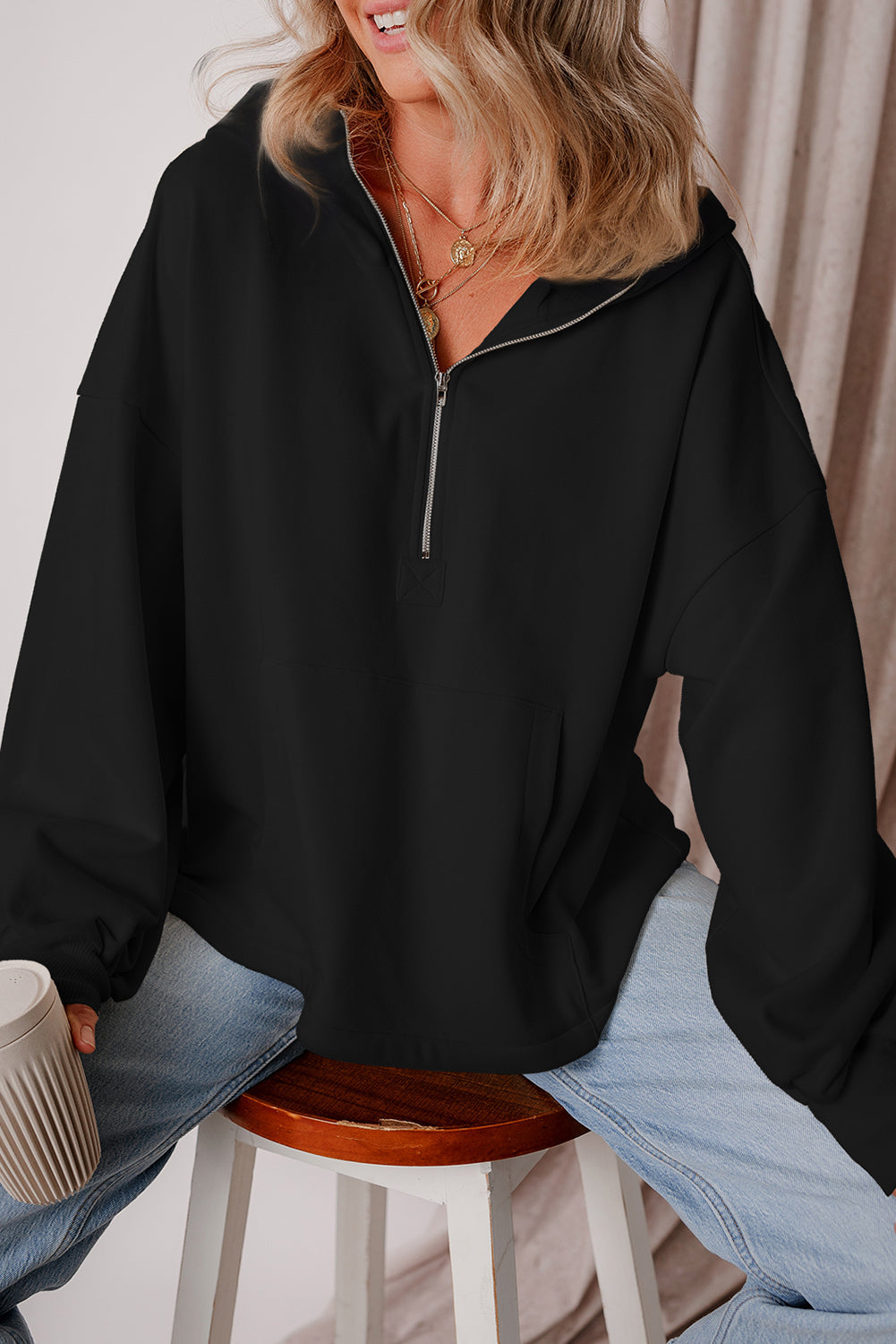 Kate Fleece Lined Half Zipper Kangaroo Pockets Loose Hoodie