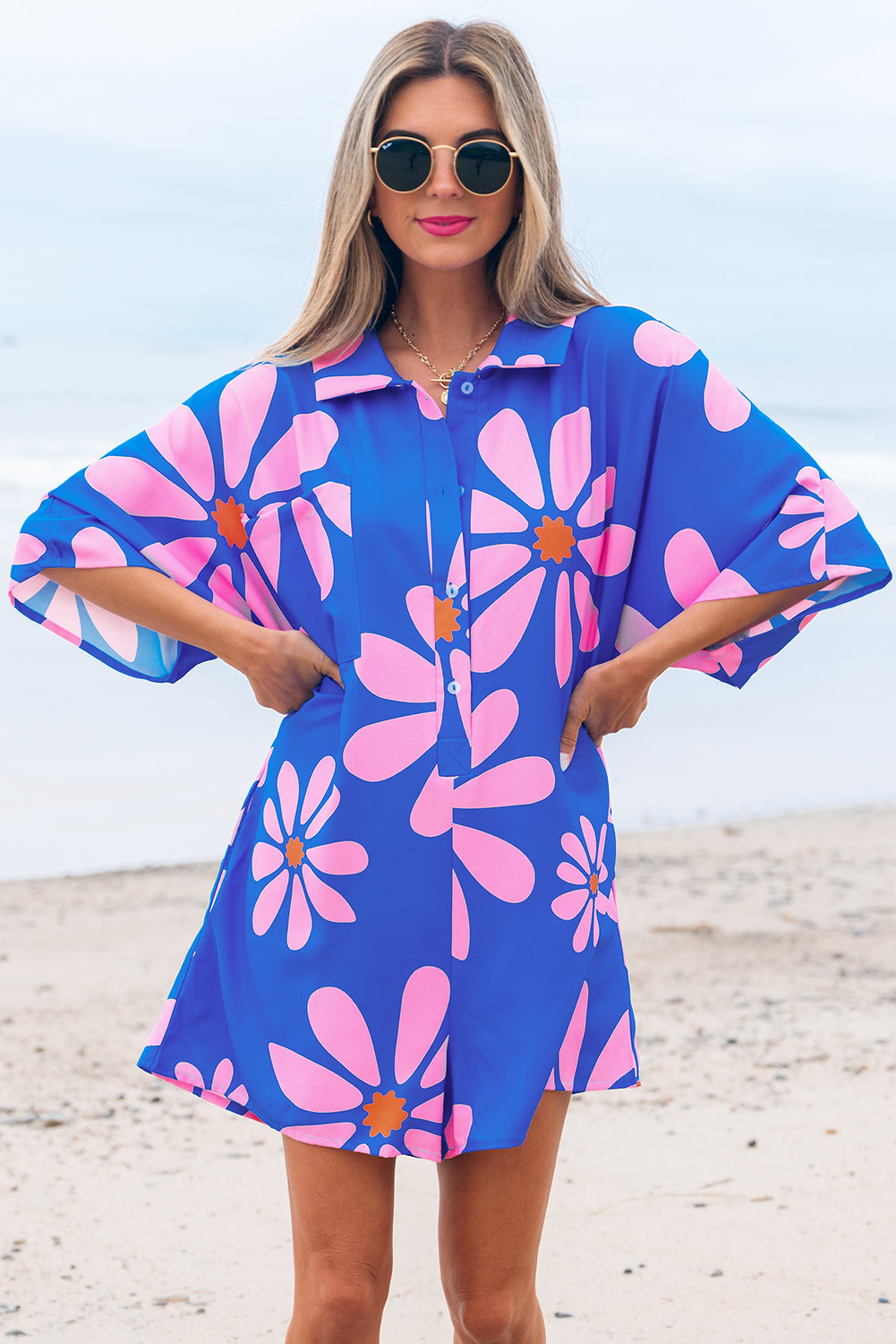 Ailany Flower Collar Button Front Loose Romper