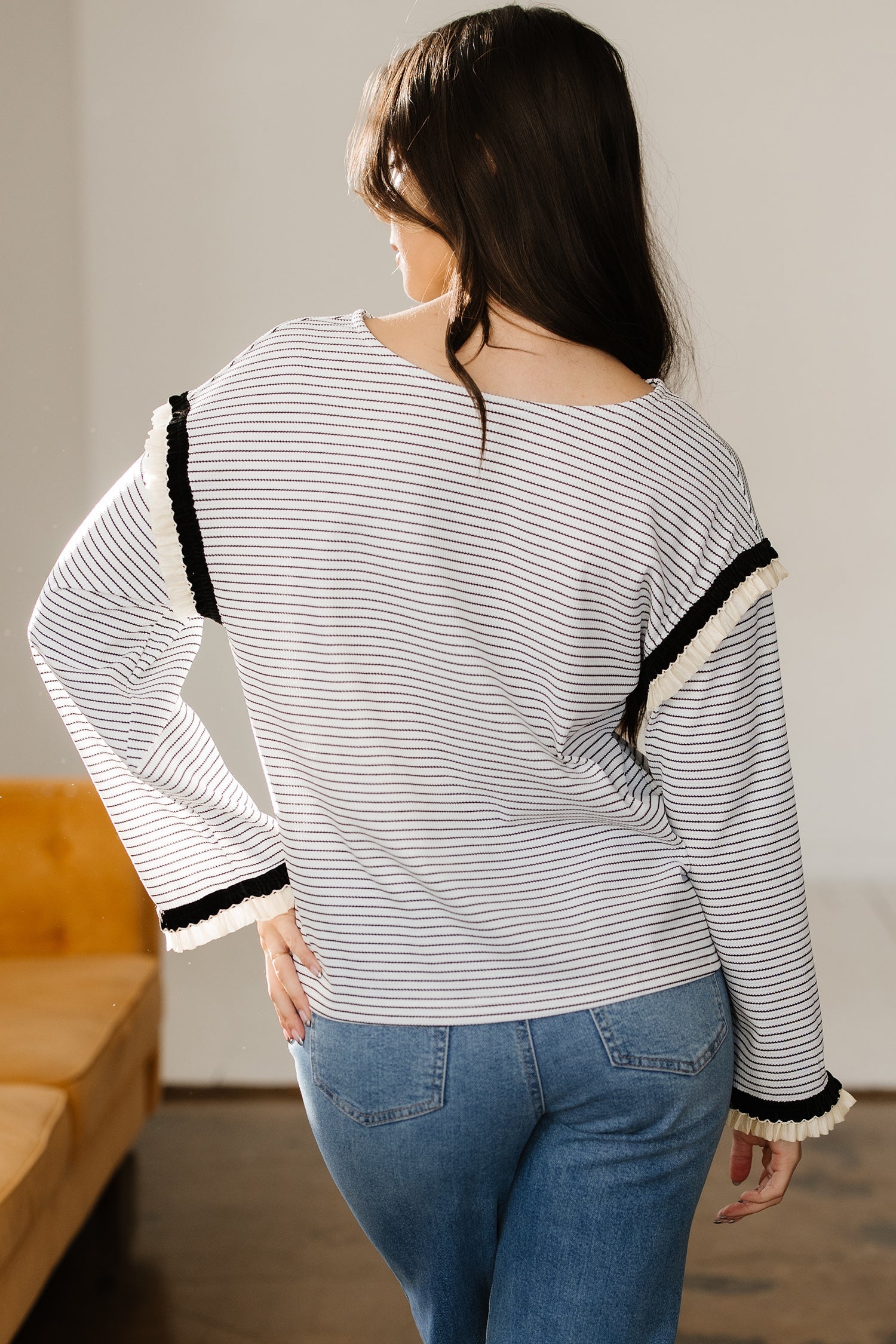 Anya Ruffle Trim Loose Long Sleeve Top
