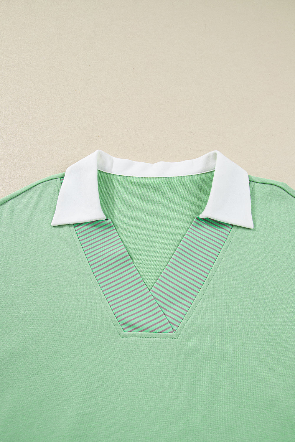 Moonlight Jade Color Block Striped Patchwork Collar V Neck Plus Size Sweatshirt