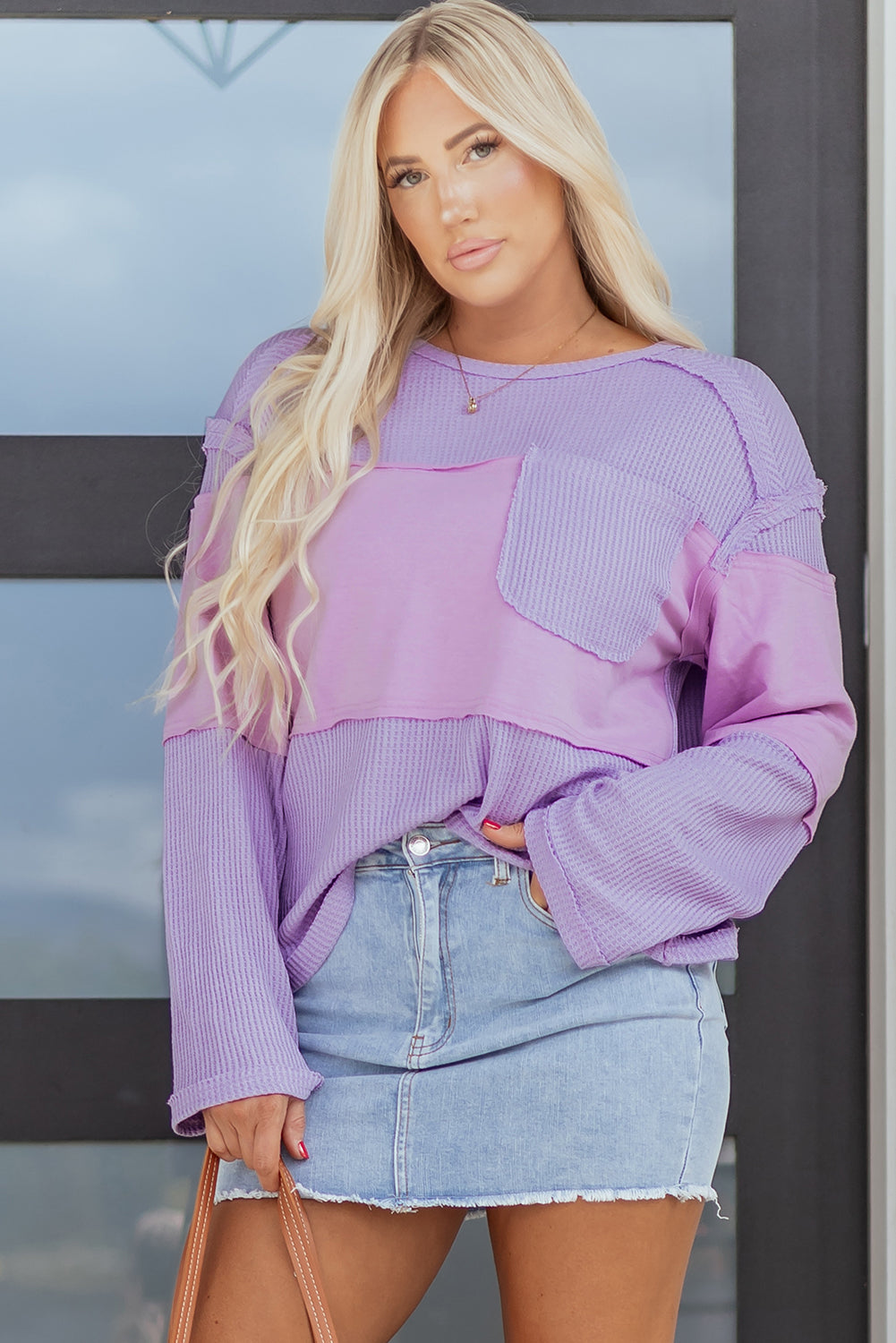 Sawyer Contrast Textured Patchwork Long Sleeve Top
