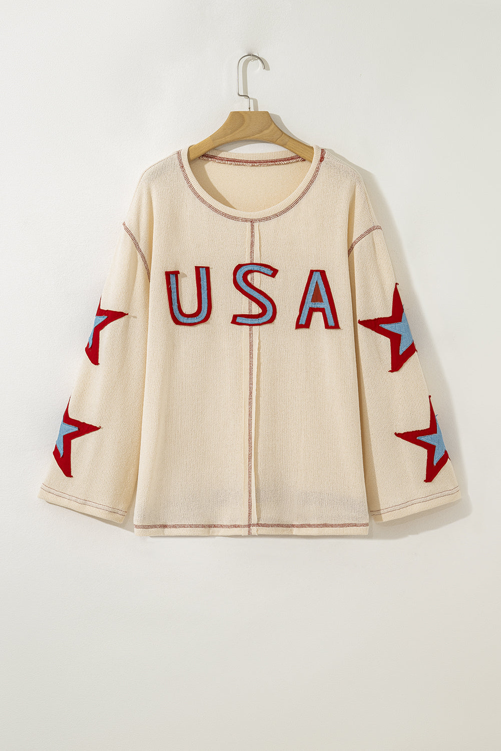 USA Patchwork Exposed Seam Long Sleeve Top