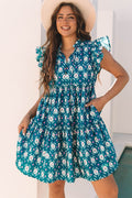 Sierra Retro Floral Ruffle Short Sleeve Dress
