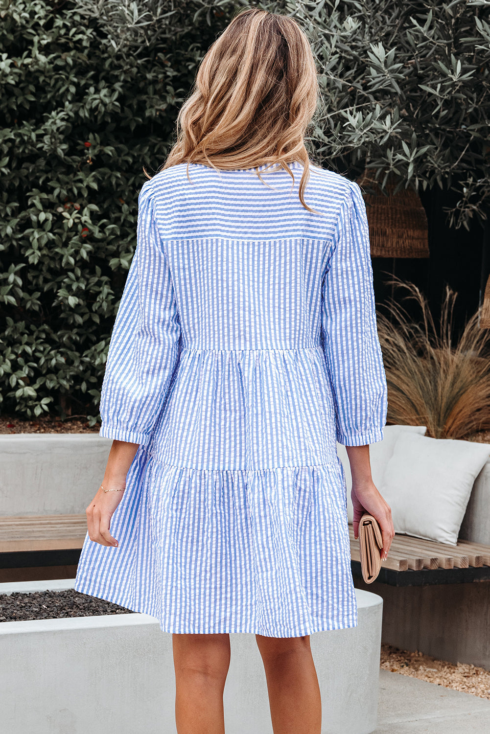 Kaia Stripe Bracelet Sleeve Tiered Dress with Pockets