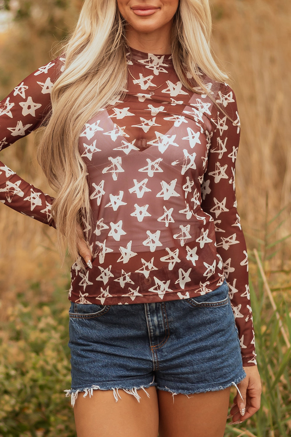 Alexandra Mesh Star Sheath Long Sleeve Top