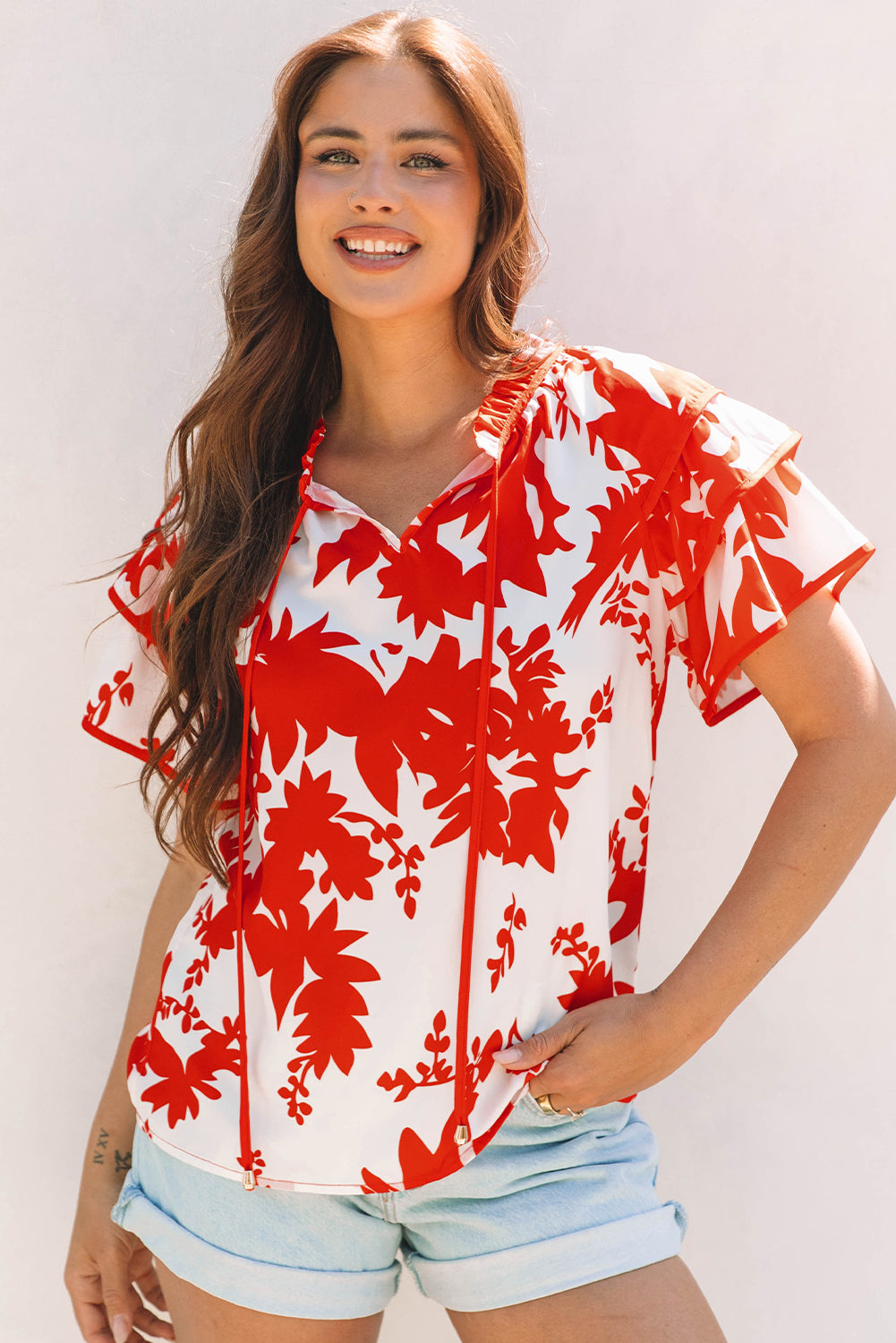 Zoya Tiered Ruffled Sleeve V Neck Blouse