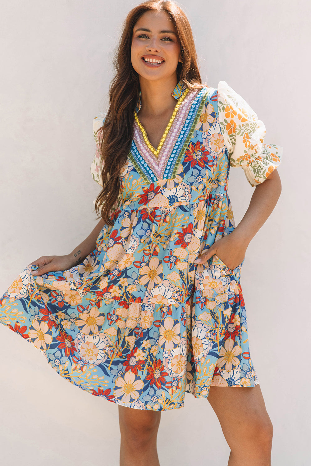 Livia Boho Floral Crochet V Neck Dress