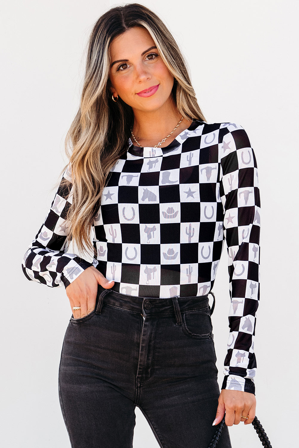 Rosalina Pattern Mesh Mock Long Sleeve Top