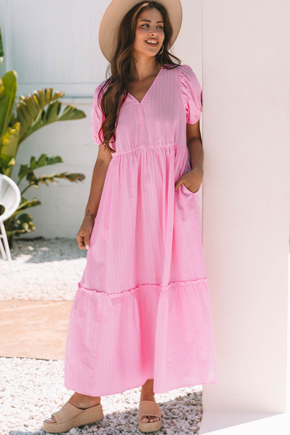 Ella Stripe V Neck Puff Short Sleeve Maxi Dress