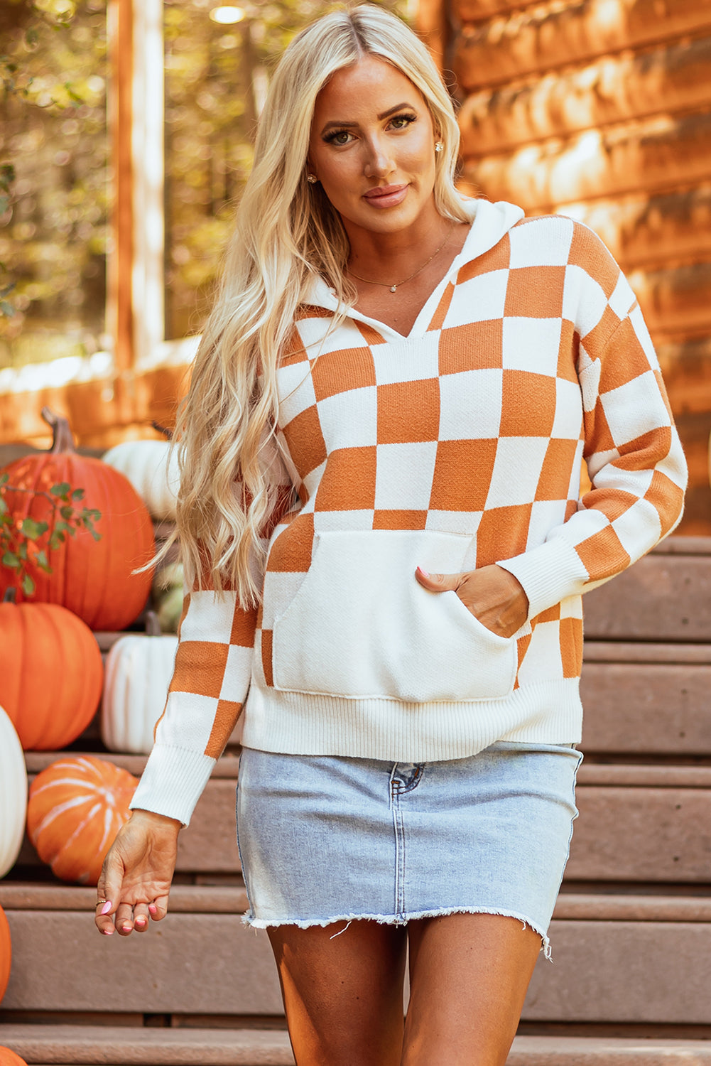 Lila Checkered Kangaroo Pocket Hooded Sweater
