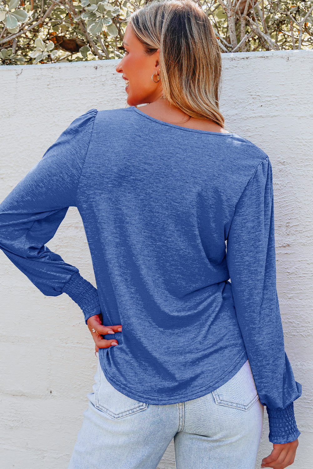 Andrea Shirred Shoulder Frilled Cuffs Long Sleeve Top
