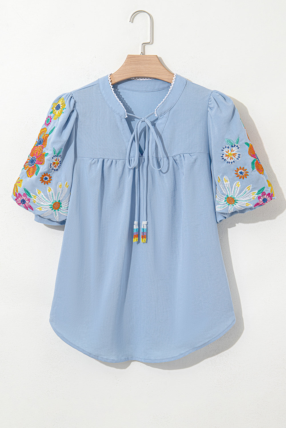 Hadlee Floral Embroidered Puff Sleeve Split Neck Blouse