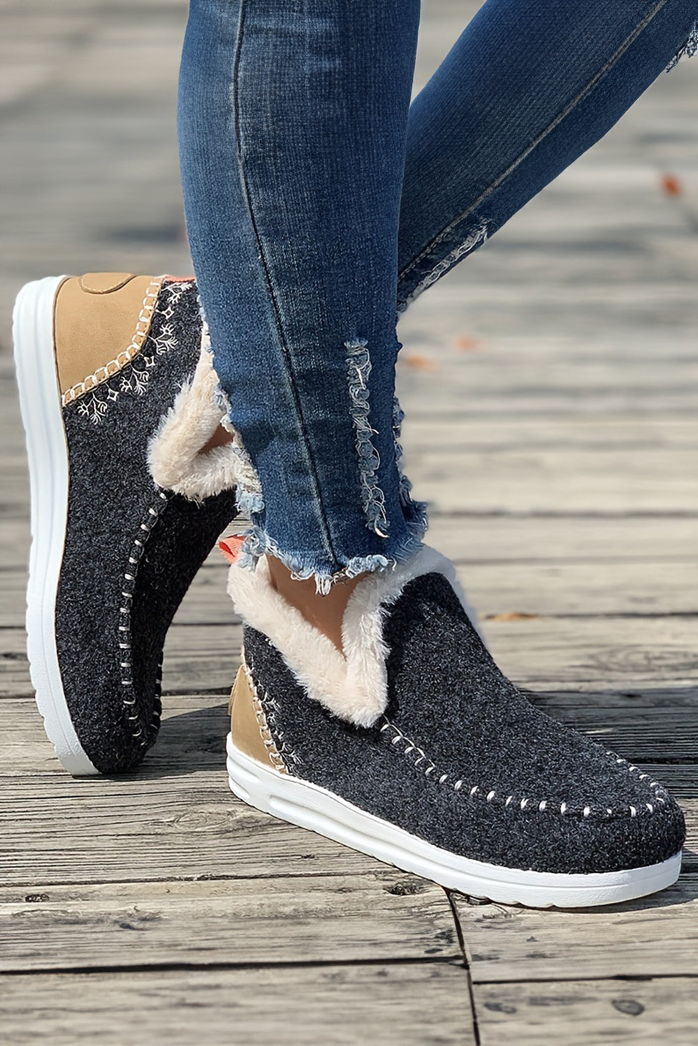 Anna Suede Stitching Plush Lined Anklet Boots