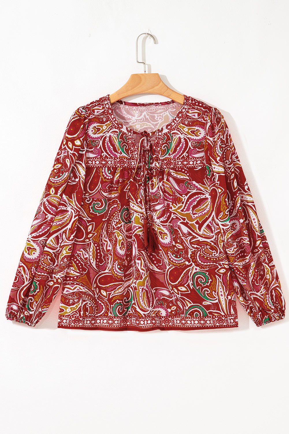 Quinn Paisley Tassel Tie Puff Sleeve Boho Blouse