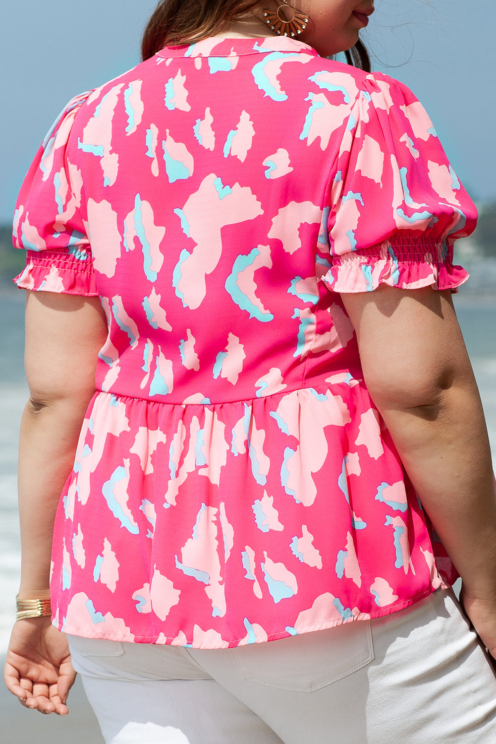 Dani Plus Abstract Print Puff Sleeve V Neck Blouse
