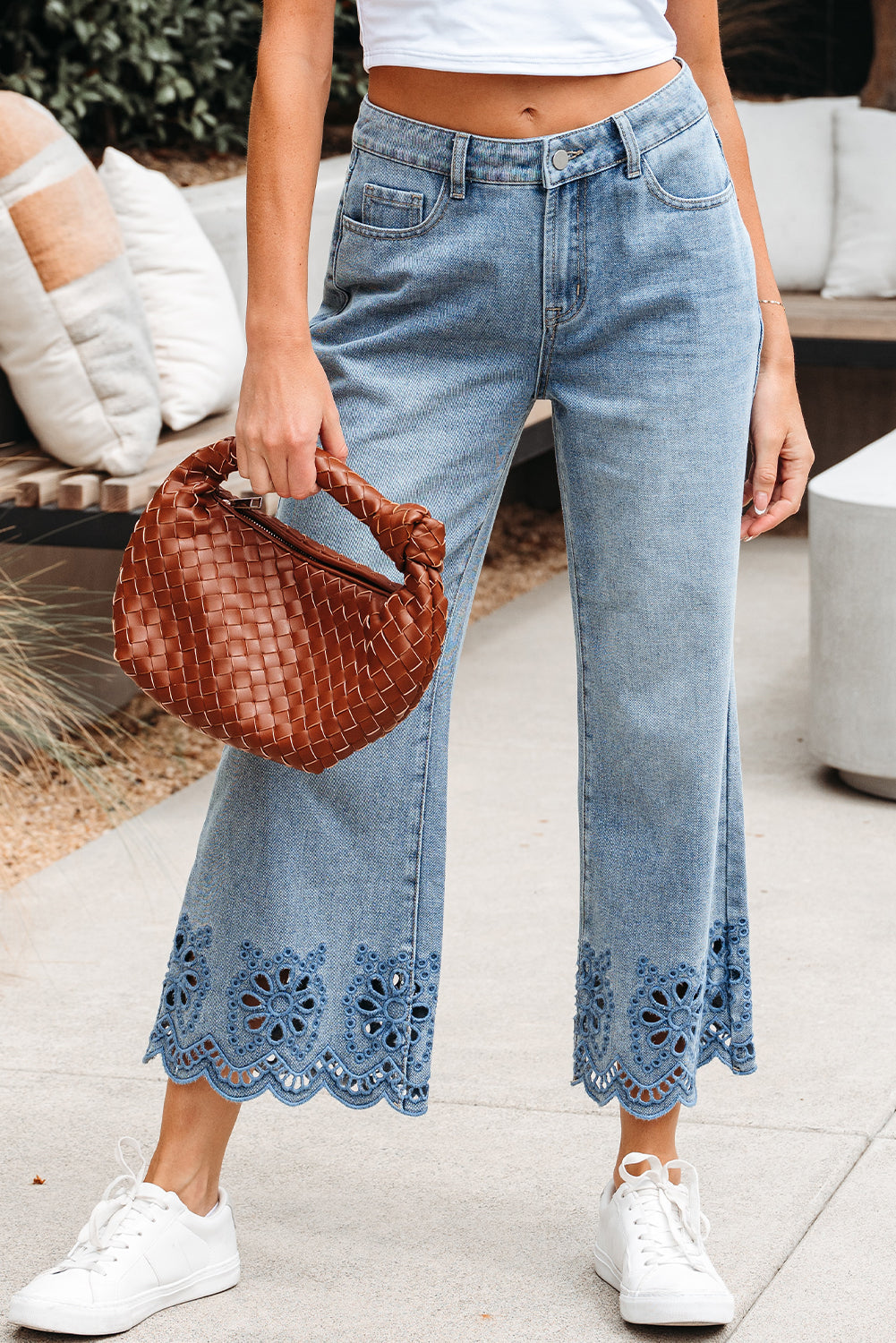 Juliette Embroidered Cropped Wide Leg High Waist Jeans