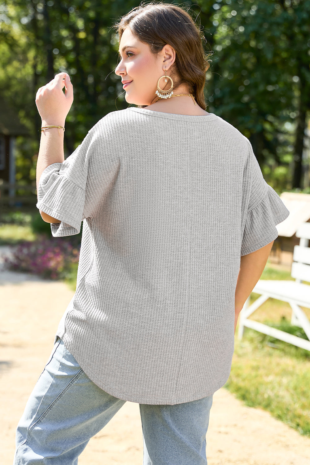 Rory Plus Size Lace Insert Waffle Ruffle Top