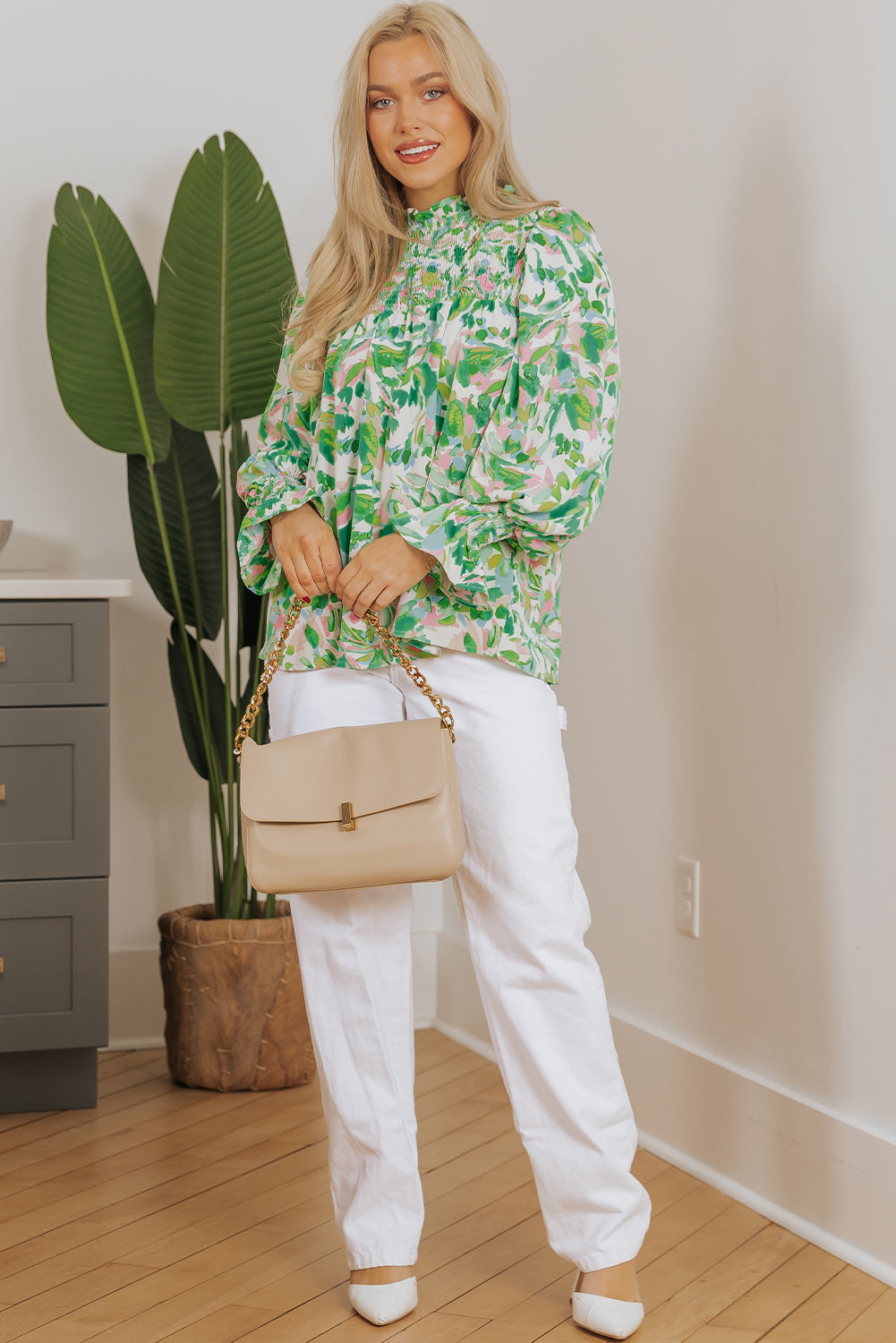 Milena Sleeve Shirred Mock Blouse