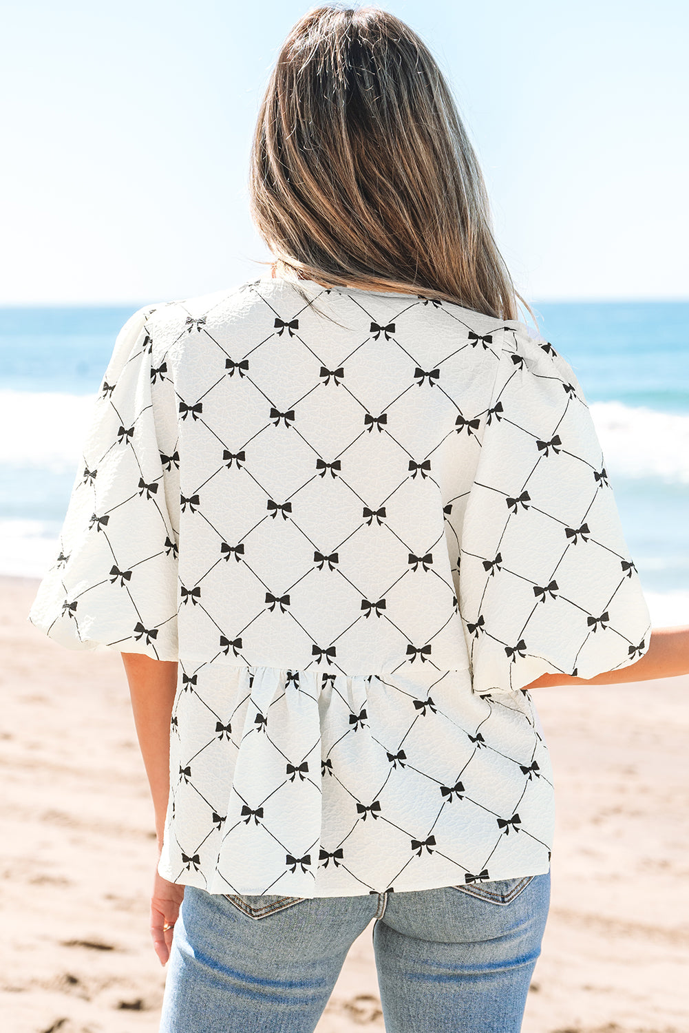 Ezra Bowknot Print Front Knots Bubble Sleeve Blouse