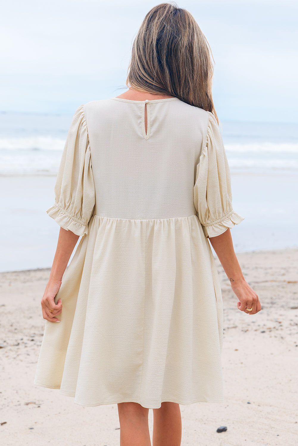 Dania Textured Ruffled Puff Sleeve Loose Dress