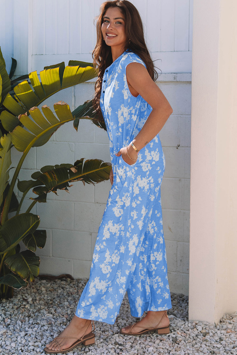 Stella Floral Half Button Wide Leg Jumpsuit