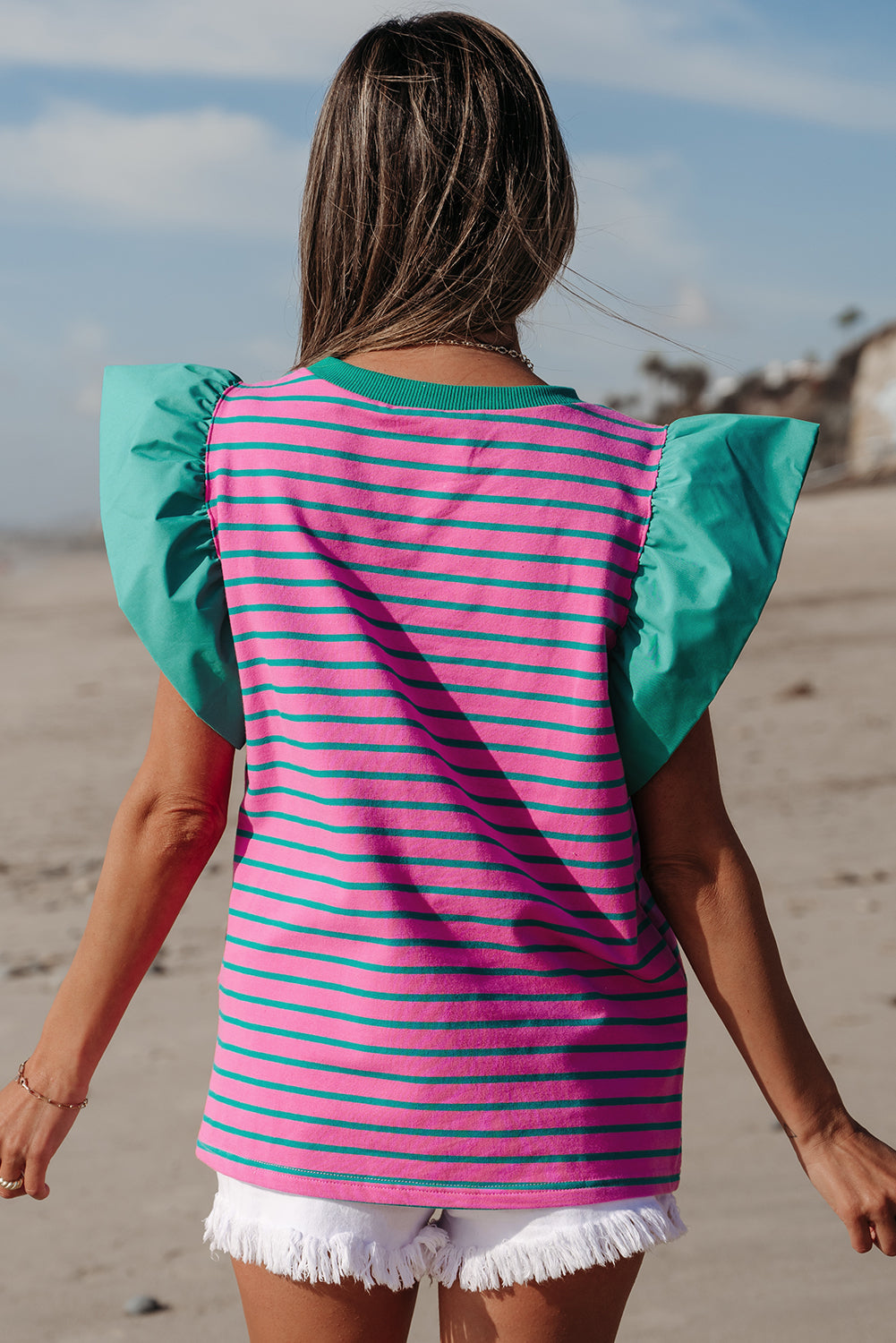 Adrianna Stripe Ruffled Sleeve Crew Neck Blouse