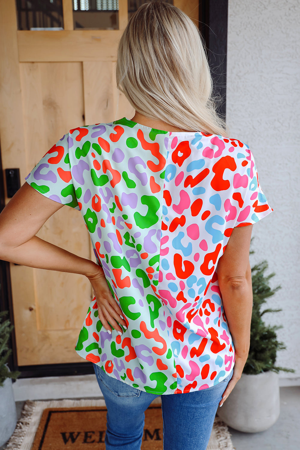 Artemis Leopard V Neck Short Sleeve Blouse