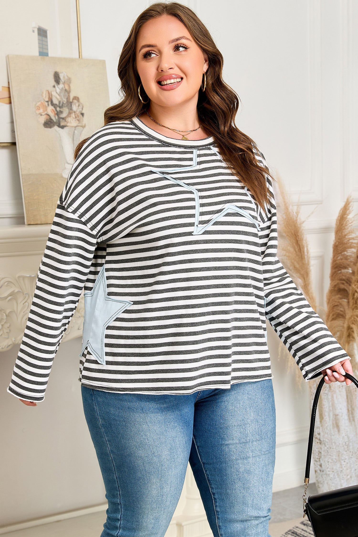 Sevyn Contrast Star Stitched Long Sleeve PLUS Top