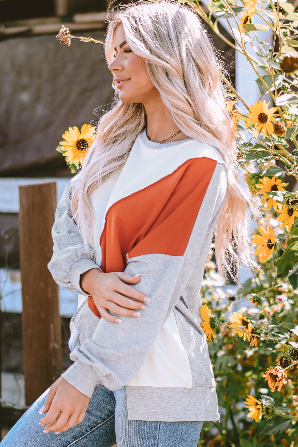 Isabella Stitching Irregular Hem Long Sleeve Top