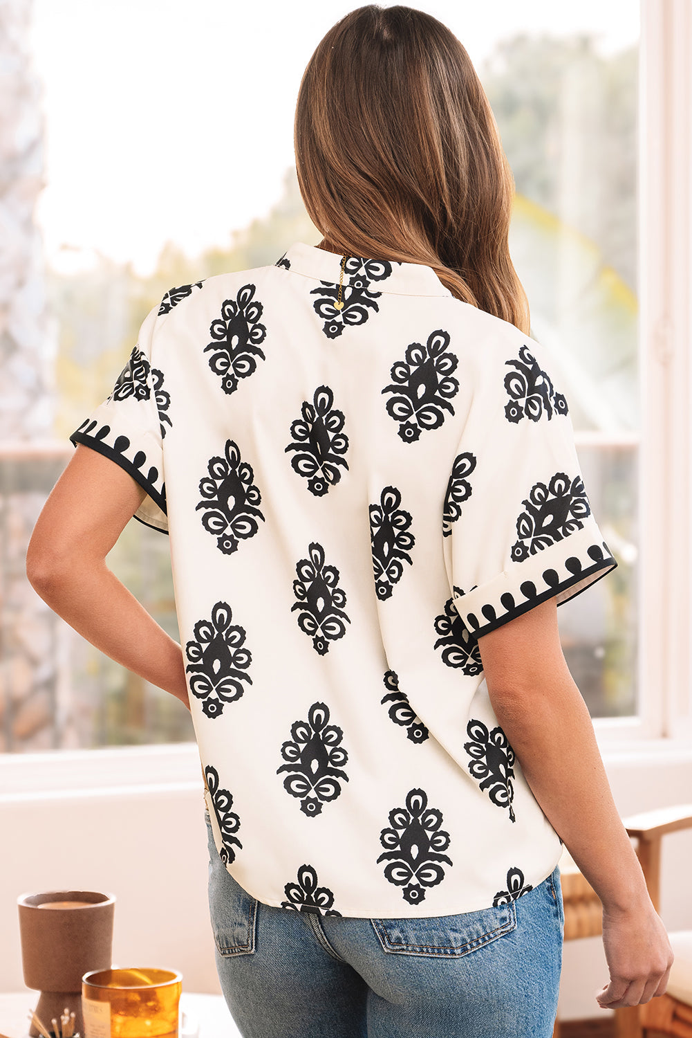 Short Sleeve V Neck Blouse
