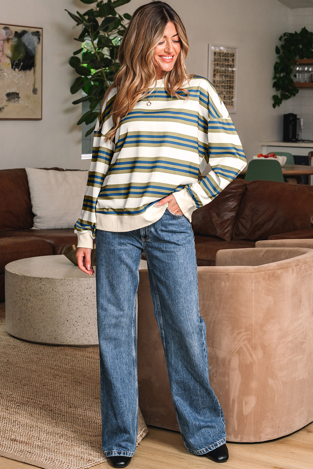 Rose Stripe Crew Neck Pullover Sweatshirt
