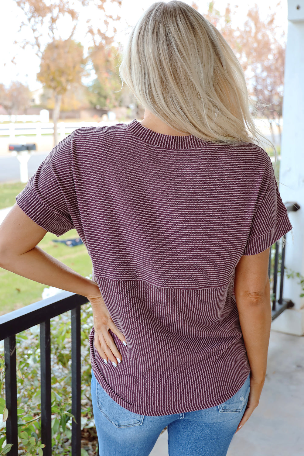 Alessandra Plain Corded Knit Mock Neck T Shirt